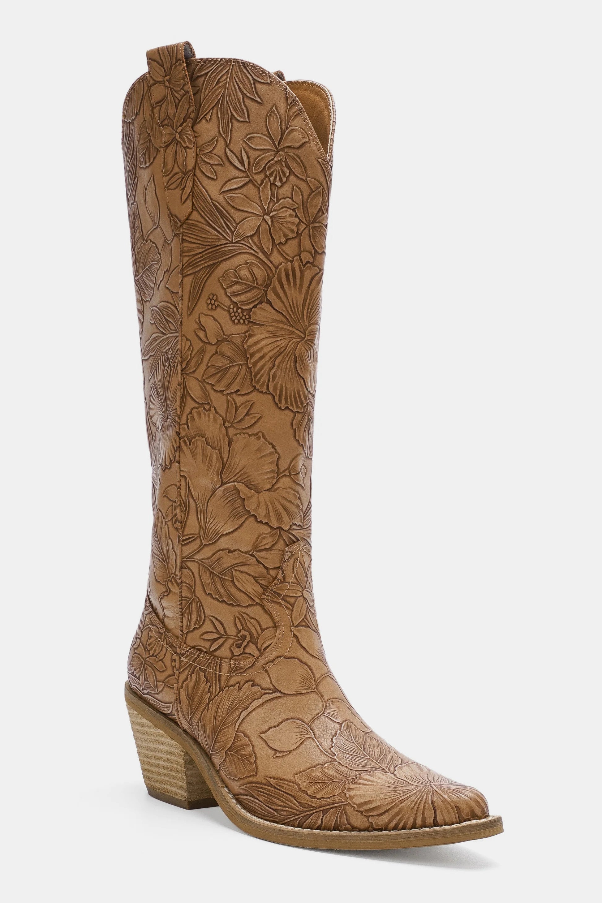 Beast Fashion Embossed Floral Point Toe Block Heel Boots 21549 | Gulf Resellers 