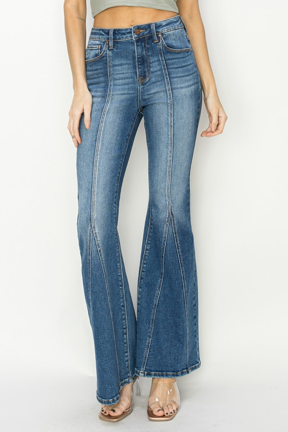 RISEN Full Size High Rise Front Seam Detailed Flare Jeans | Gulf Resellers