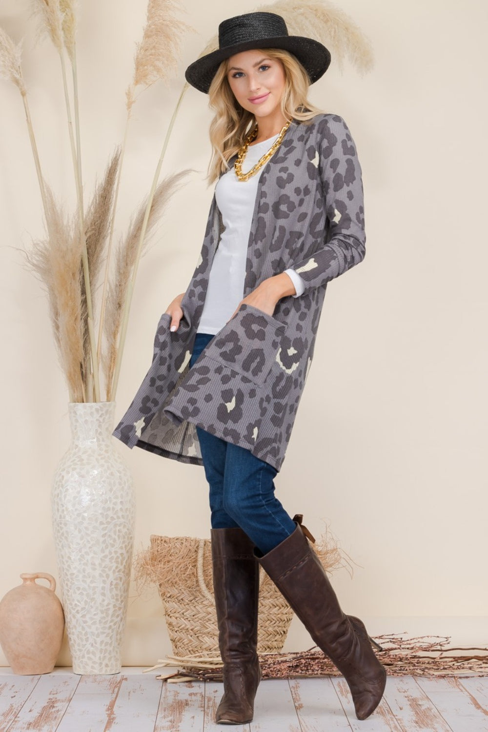 Celeste Full Size Leopard Open Front Contrast Cardigan 9994 | Gulf Resellers 