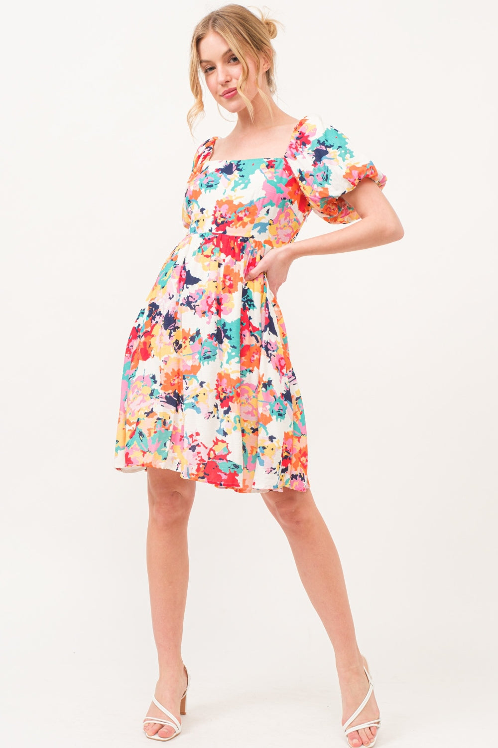 And The Why Square Neck Puff Sleeve Floral Dress 6017 | Gulf Resellers 