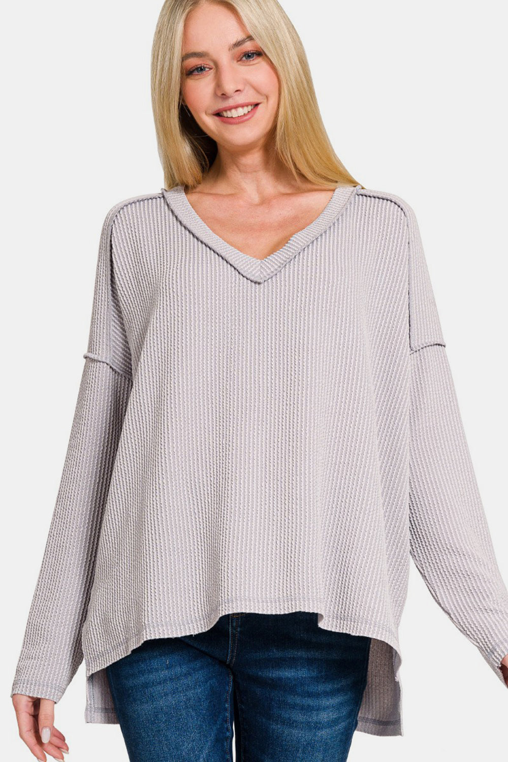 Zenana Texture Exposed Seam V-Neck Long Sleeve T-Shirt 18373 | Gulf Resellers 