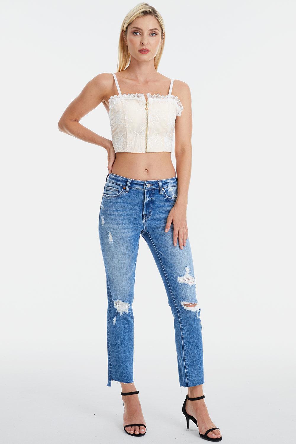 BAYEAS Full Size Mid Waist Distressed Ripped Straight Jeans