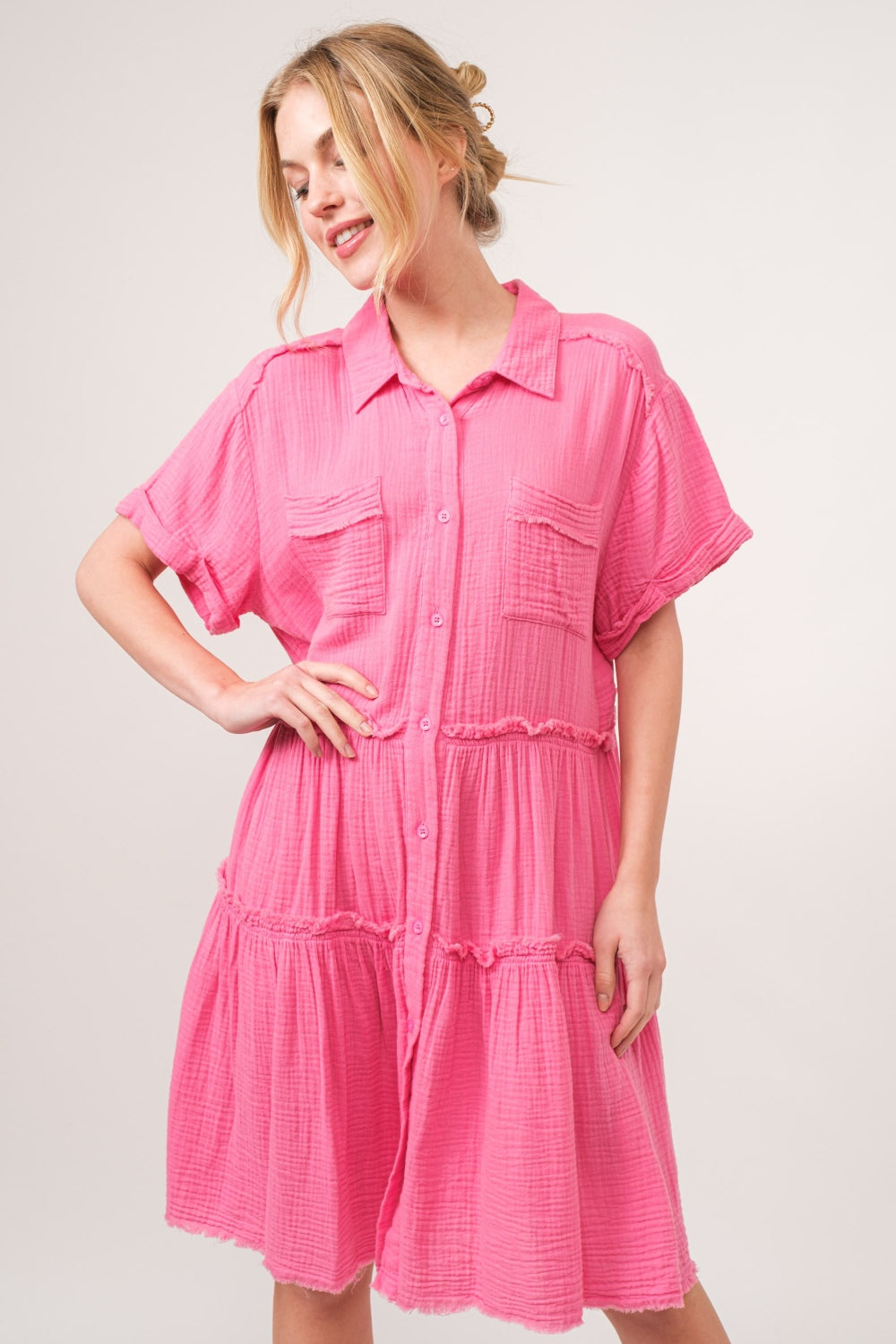 And The Why Full Size Raw Edge Washed Tiered Shirt Dress | Gulf Resellers