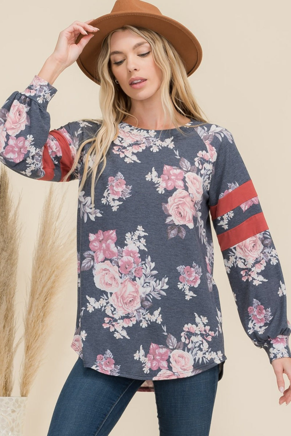 Celeste Full Size Floral Curved Hem T-Shirt with Stripe Detail 19485 | Gulf Resellers 