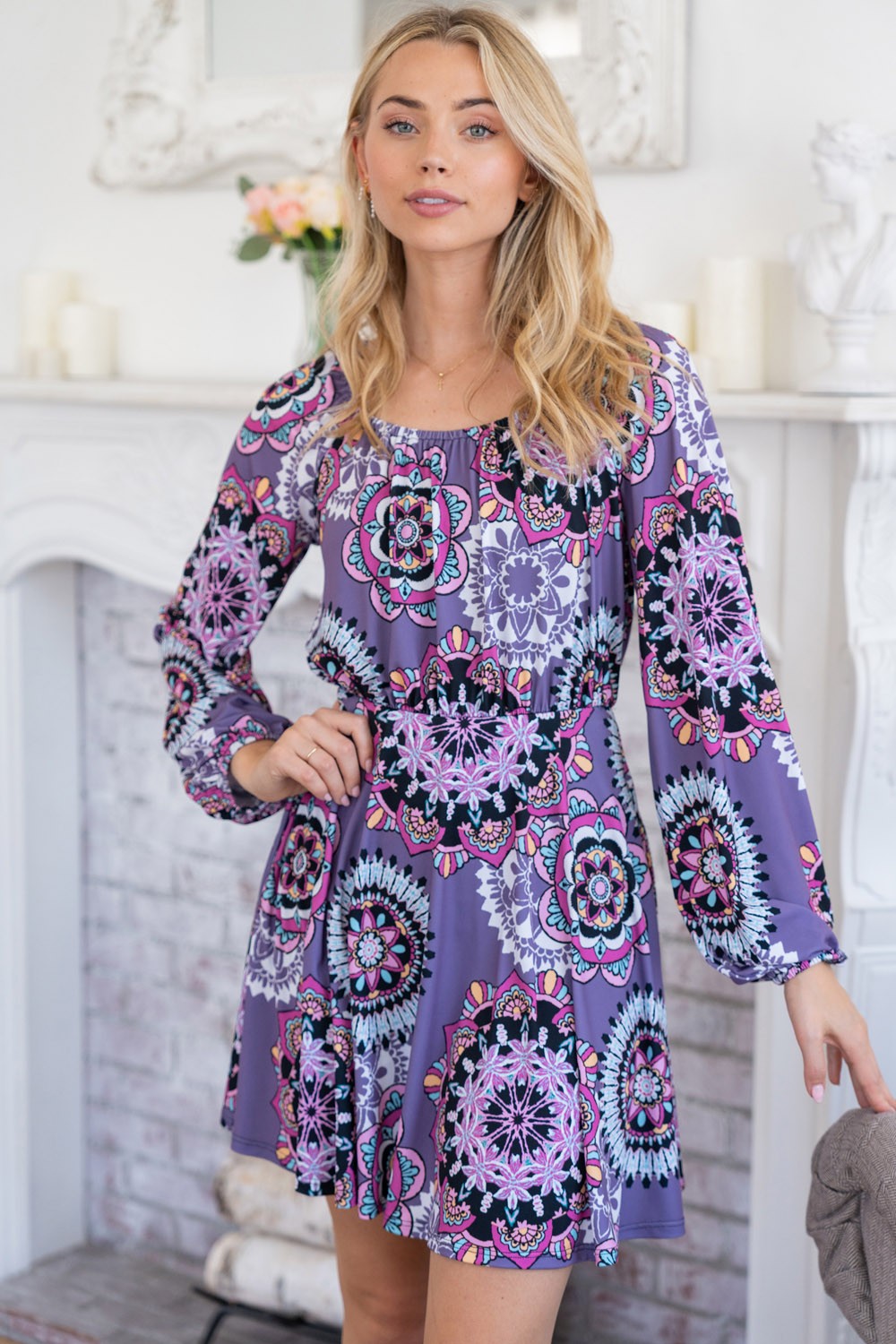 White Birch Printed Long Sleeve Mini Dress with Short Liner 6386 | Gulf Resellers 