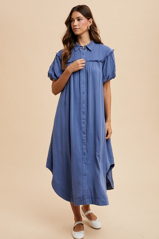 Annie Wear Mineral Washed Button Down Puff Sleeve Shirt Dress 20402 | Gulf Resellers 