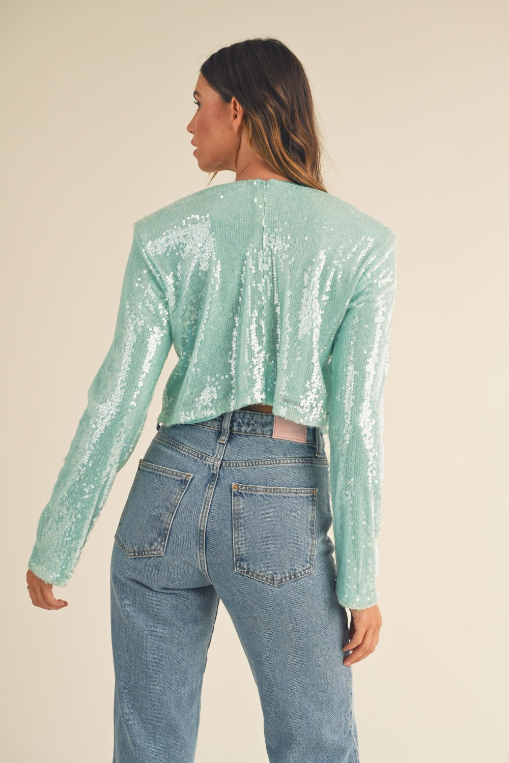 MABLE Shoulder Padded Sequin Crop Top 18226 | Gulf Resellers 