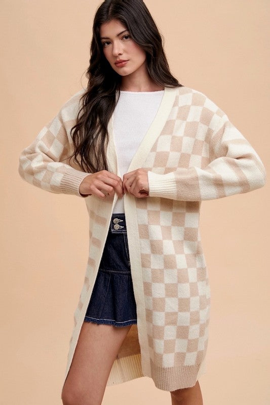 Annie Wear Checkered & Striped Open Front Long Sleeve Cardigan 21084 | Gulf Resellers 