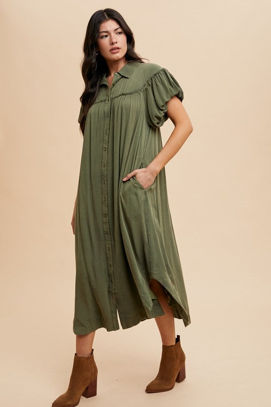 Annie Wear Mineral Washed Button Down Puff Sleeve Shirt Dress 20406 | Gulf Resellers 