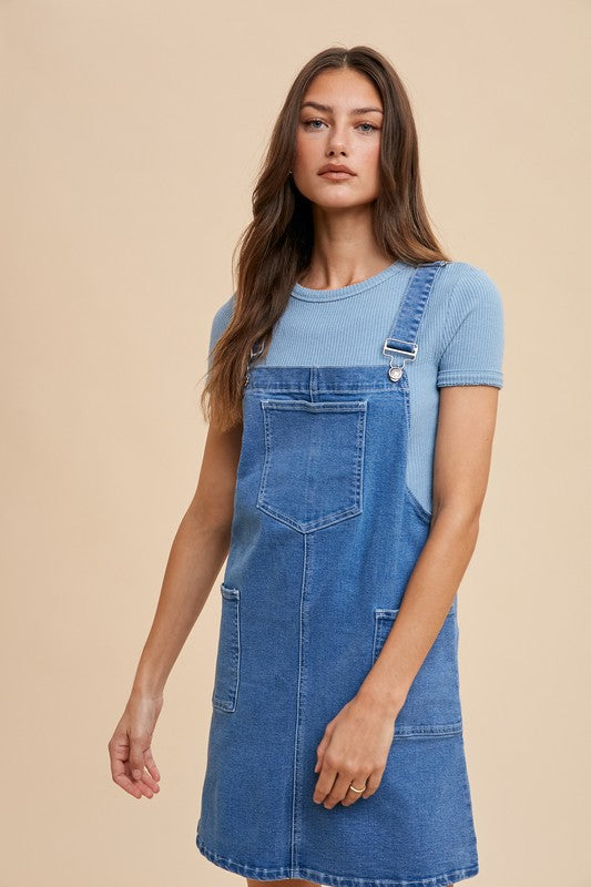 Annie Wear Wide Strap Denim Overall Dress with Pockets 21798 | Gulf Resellers 