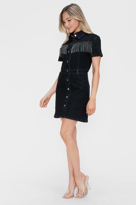 bytos Full Size Embellished Button Down Short Sleeve Denim Dress 21263 | Gulf Resellers 