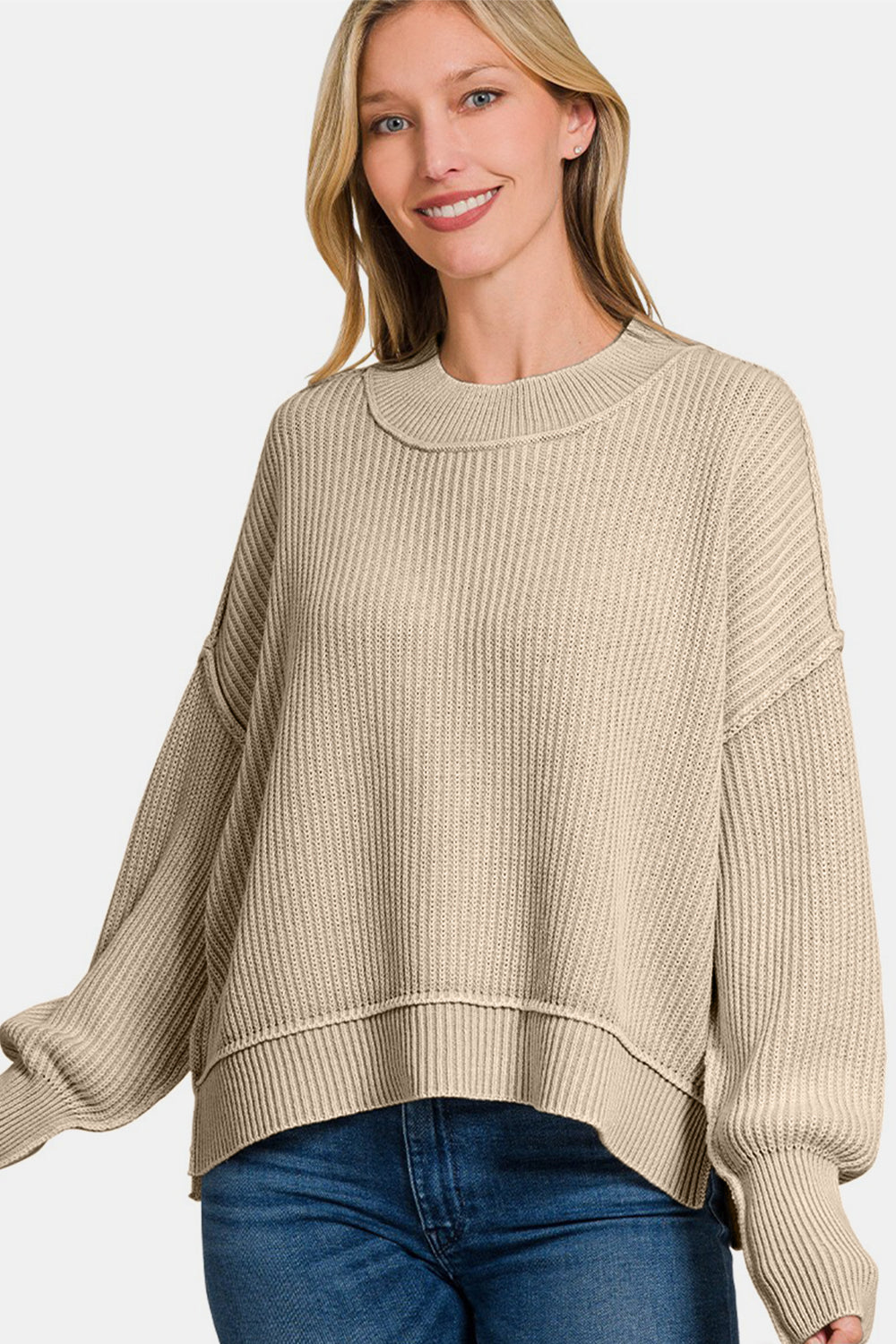 Zenana Exposed Seam Round Neck Dropped Shoulder Sweater