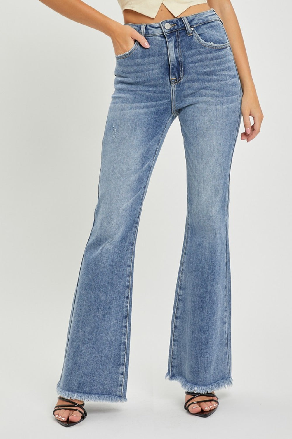 RISEN Full Size High Waist Raw Hem Flare Jeans 10867 | Gulf Resellers 