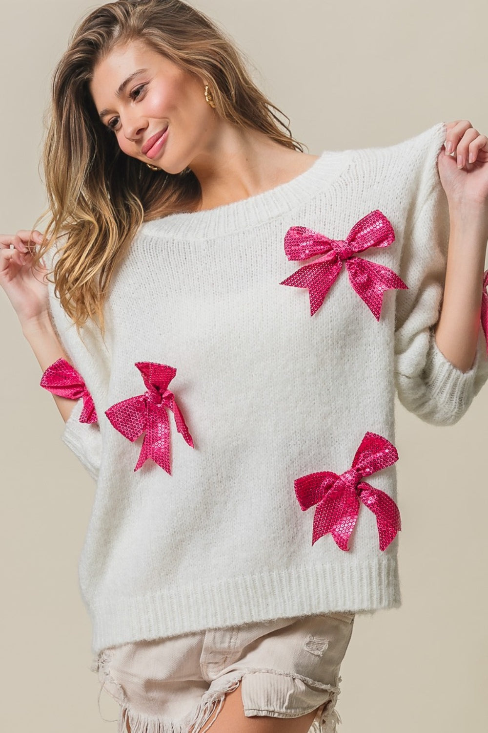 BiBi Sequin Bow Puff Sleeve Sweater | Gulf Resellers