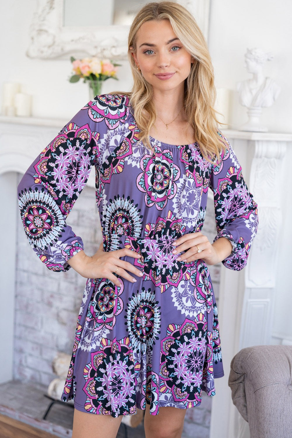 White Birch Printed Long Sleeve Mini Dress with Short Liner 6385 | Gulf Resellers 