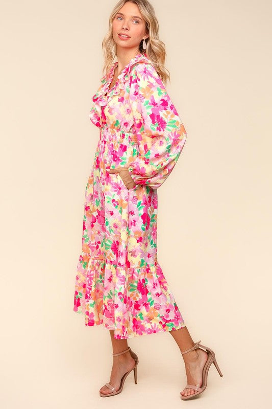 Haptics Full Size Floral Surplice Balloon Sleeve Dress with Side Pockets 20604 | Gulf Resellers 