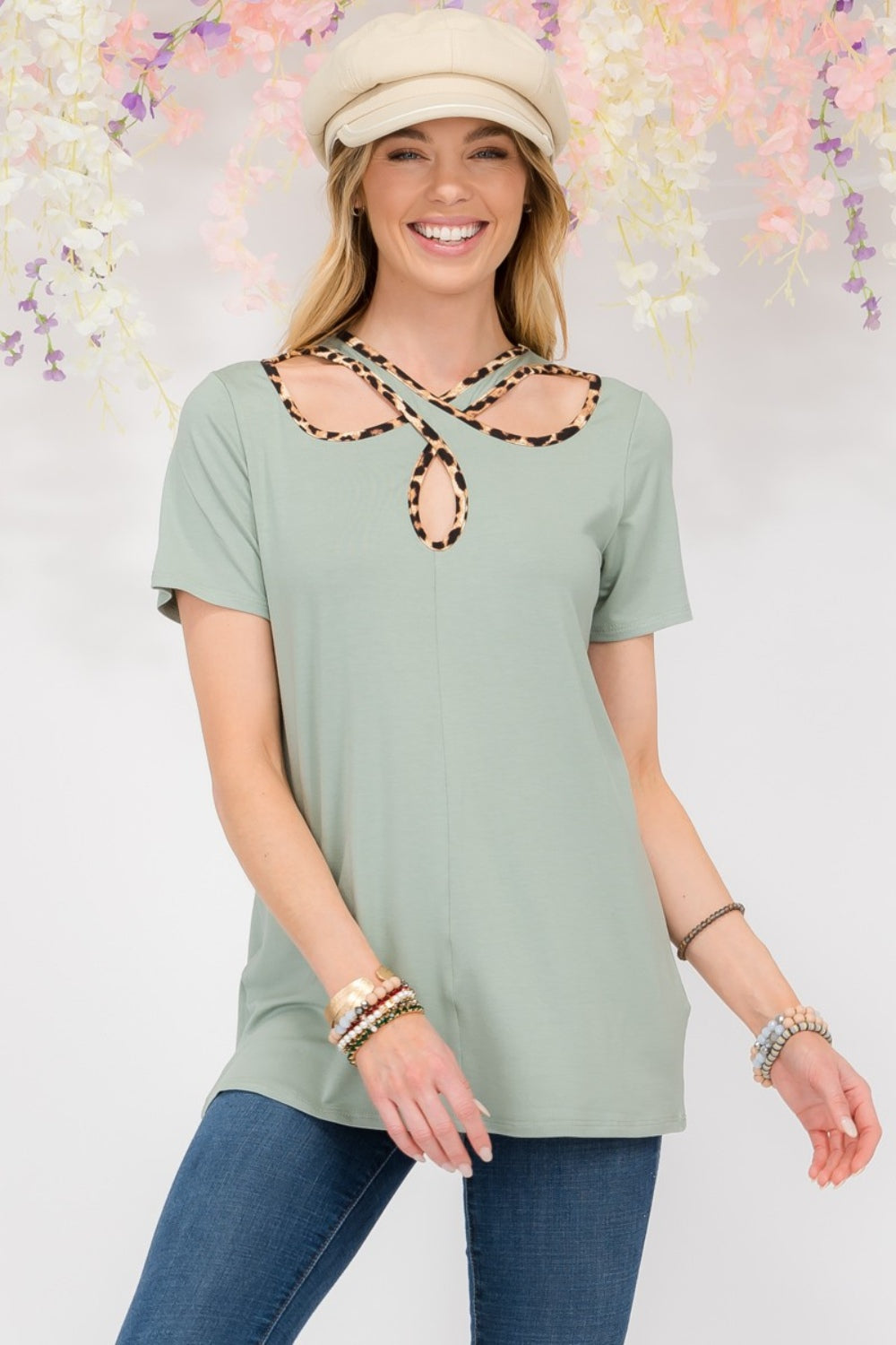 Celeste Full Size Crisscross Cutout Leopard Contrast Trim T-Shirt 6812 | Gulf Resellers 