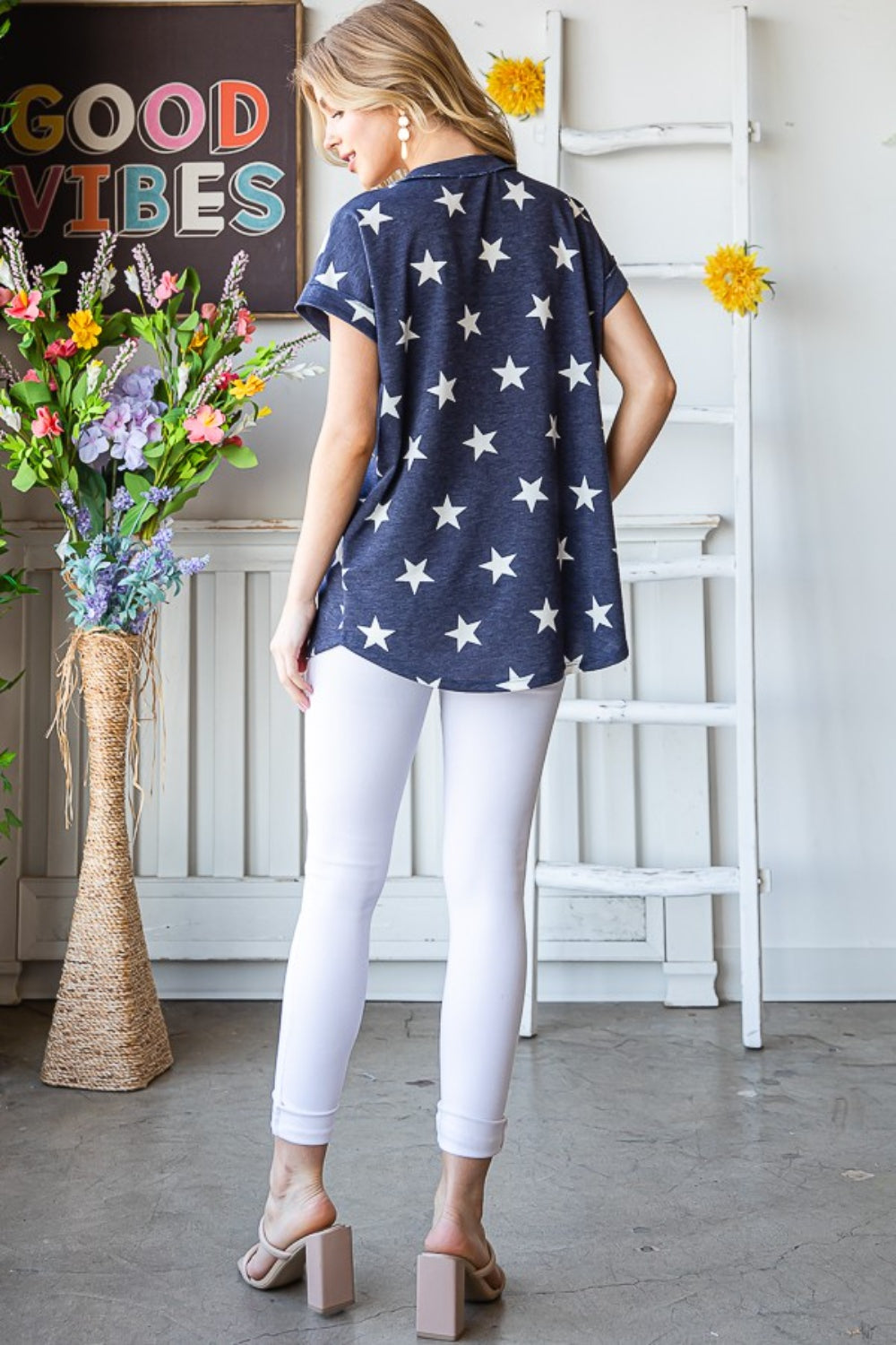 Heimish Full Size Star Print V-Neck Short Sleeve T-Shirt | Gulf Resellers