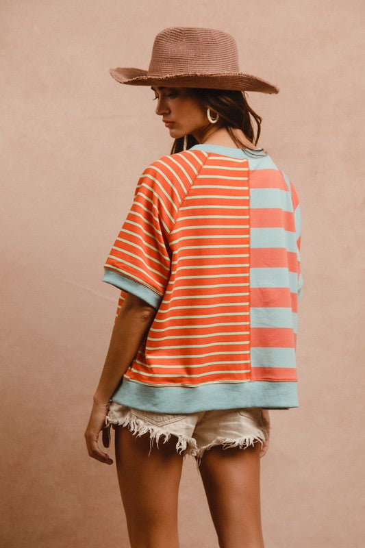 BiBi Striped Round Neck Half Sleeve French Terry Top 18410 | Gulf Resellers 