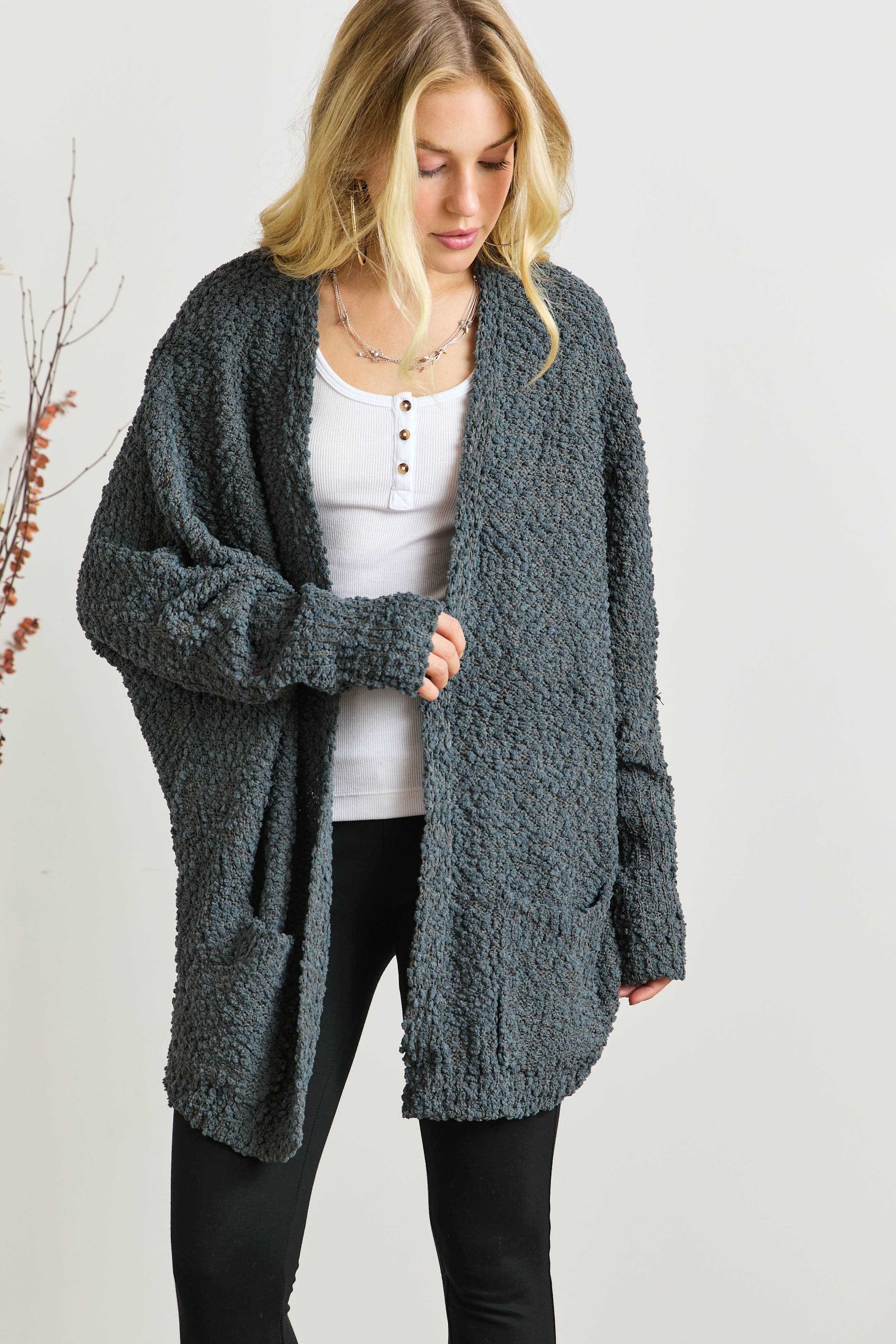 ADORA Popcorn Knit Open Front Long Sleeve Cardigan 18602 | Gulf Resellers 