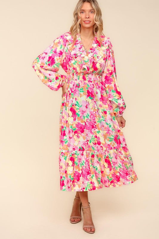 Haptics Full Size Floral Surplice Balloon Sleeve Dress with Side Pockets 20600 | Gulf Resellers 