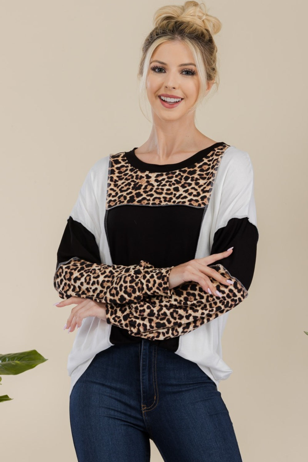 Celeste Full Size Leopard Color Block Exposed Seam T-Shirt 20478 | Gulf Resellers 