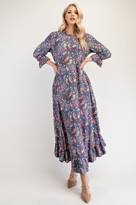 Celeste Full Size Ruffle Hem Paisley Round Neck Dress 20717 | Gulf Resellers 