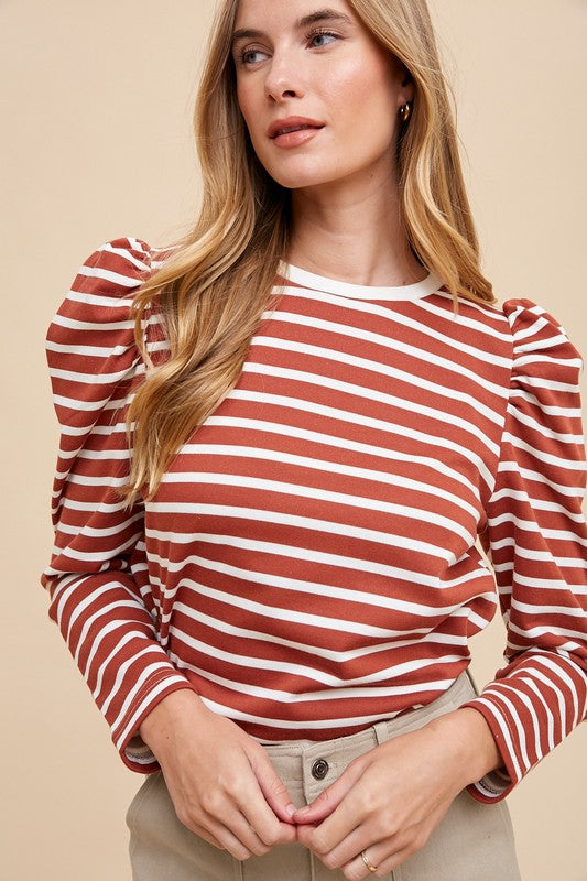 Annie Wear Striped Round Neck Puff Sleeve French Terry Top 18180 | Gulf Resellers 