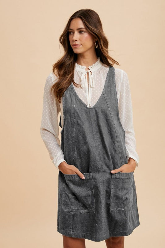 Annie Wear V-Neck Adjustable Strap Denim Overall Dress with Pockets 21683 | Gulf Resellers 