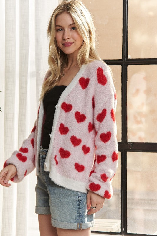 ADORA Fuzzy Heart Button Down Cardigan 19913 | Gulf Resellers 