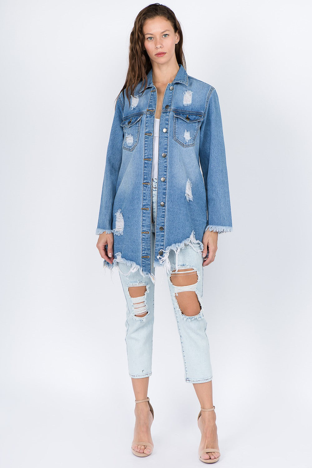 American Bazi Distressed Frayed Hem Denim Jacket | Gulf Resellers