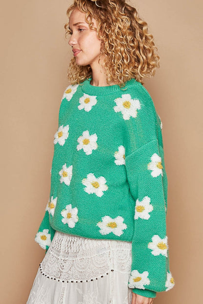 POL Daisy Pattern Drop Shoulder Sweater