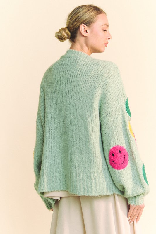 Davi & Dani Fuzzy Smile Open Front Long Sleeve Cardigan 20493 | Gulf Resellers 