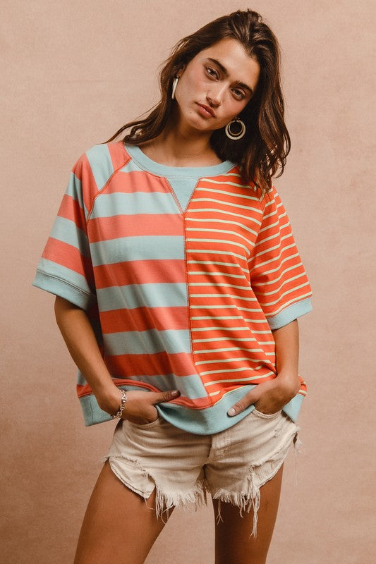 BiBi Striped Round Neck Half Sleeve French Terry Top 18412 | Gulf Resellers 