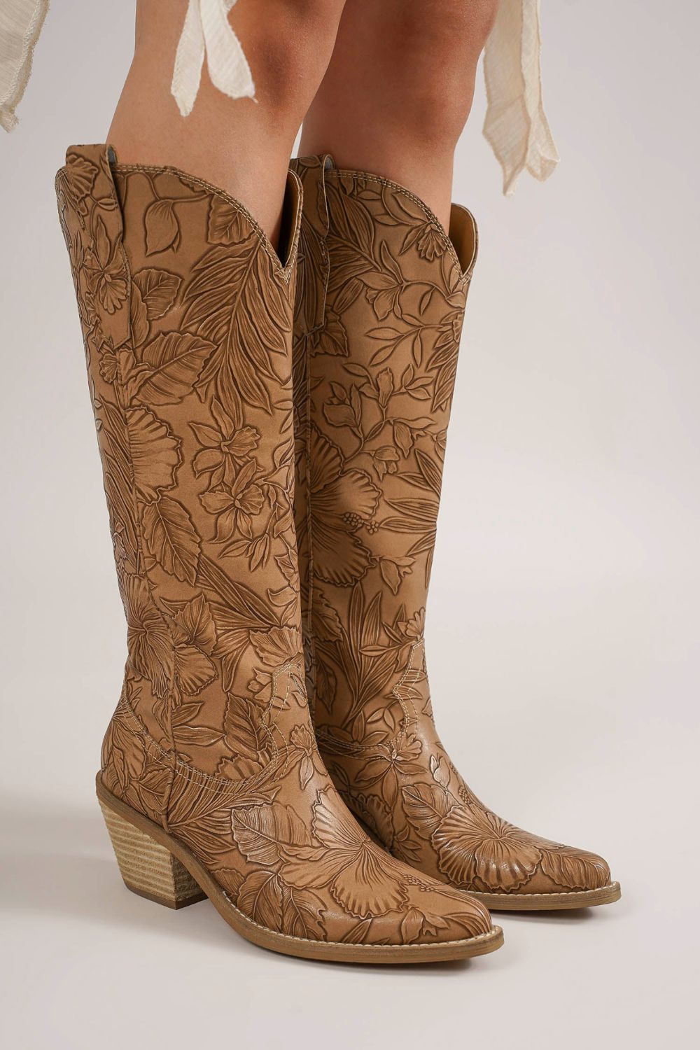 Beast Fashion Embossed Floral Point Toe Block Heel Boots 21548 | Gulf Resellers 