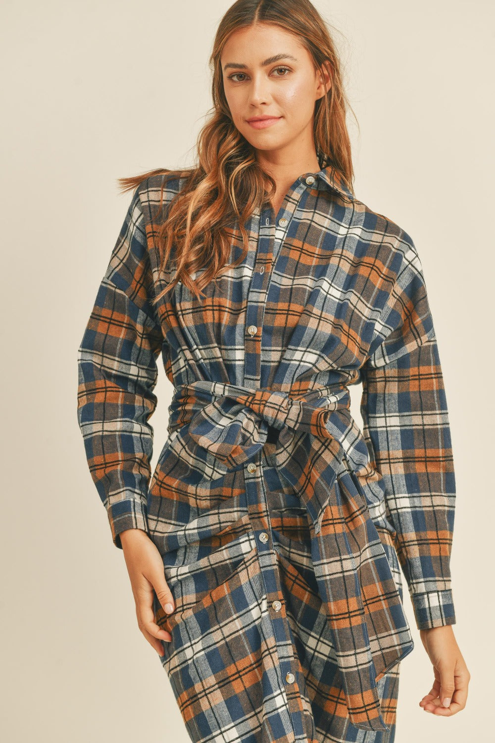 Mable Plaid Flannel Front Tie Button Down Shirt Dress | Gulf Resellers