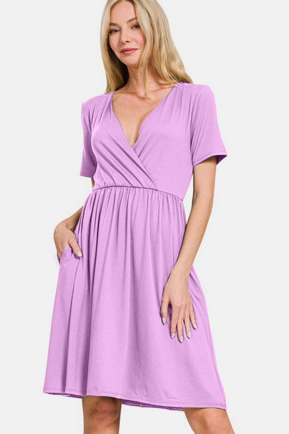 Zenana Surplice Short Sleeve Brushed DTY Dress 20430 | Gulf Resellers 