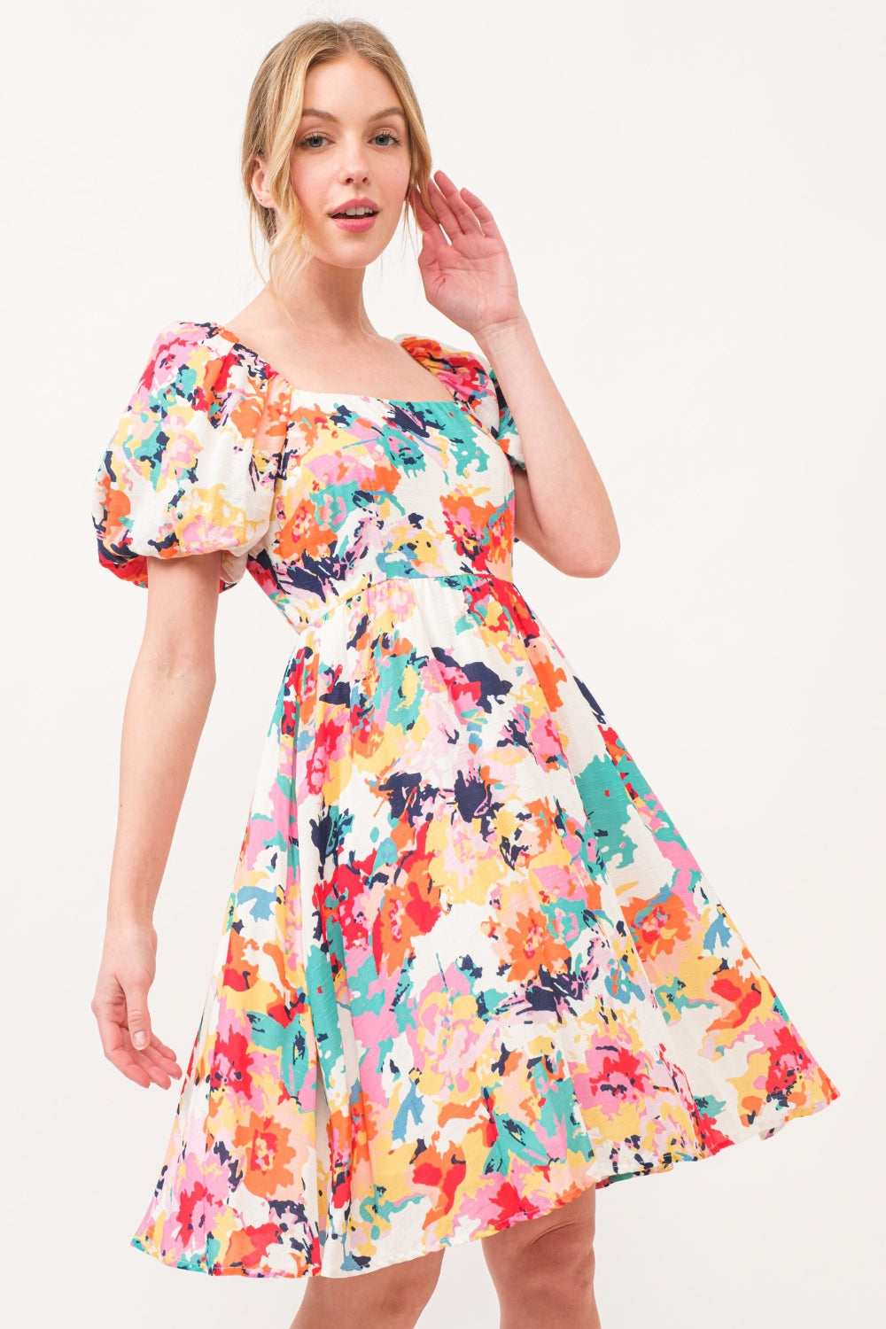 And The Why Square Neck Puff Sleeve Floral Dress 6014 | Gulf Resellers 