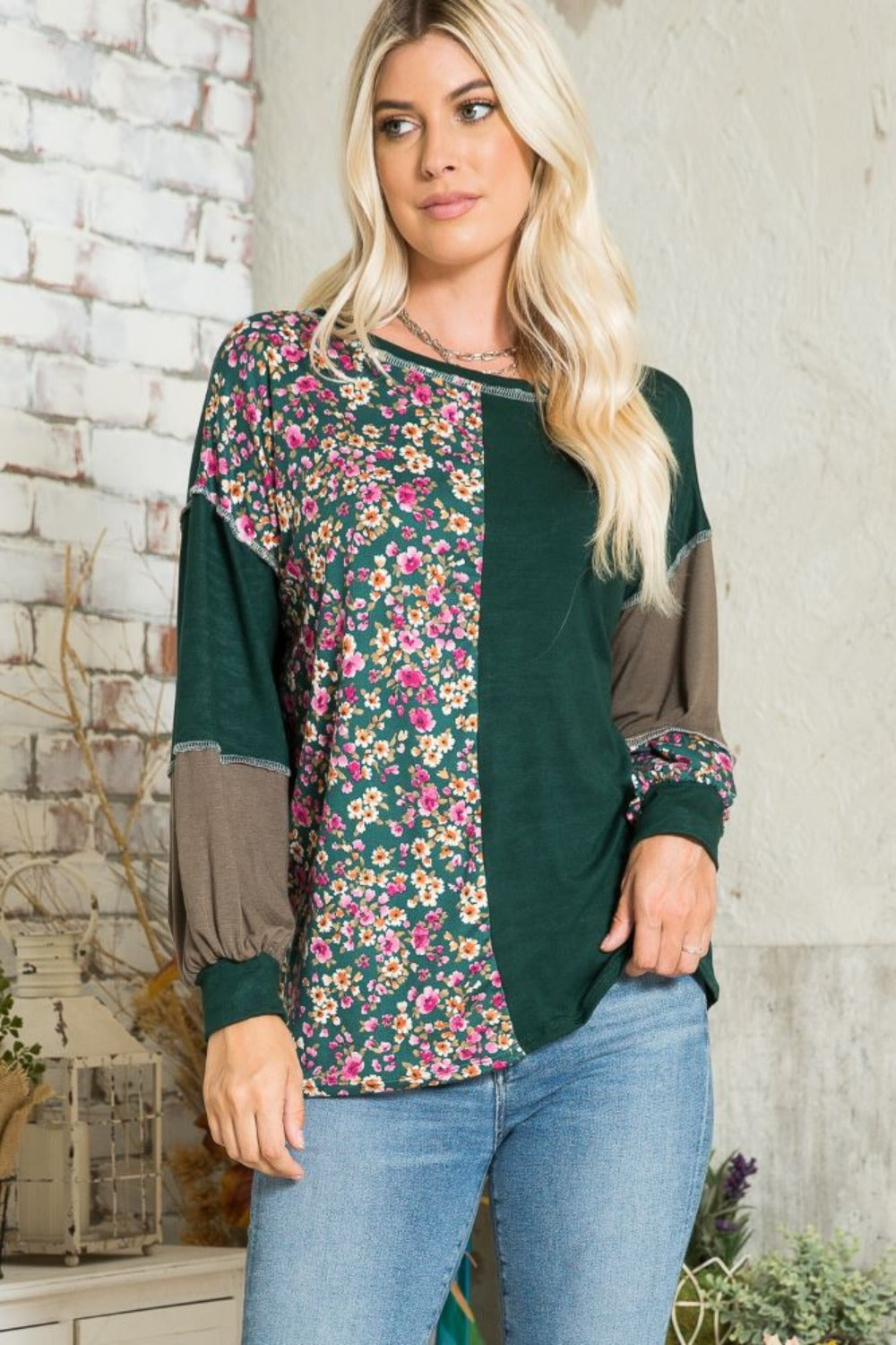 Celeste Full Size Floral Color Block Exposed Seam T-Shirt 21984 | Gulf Resellers 