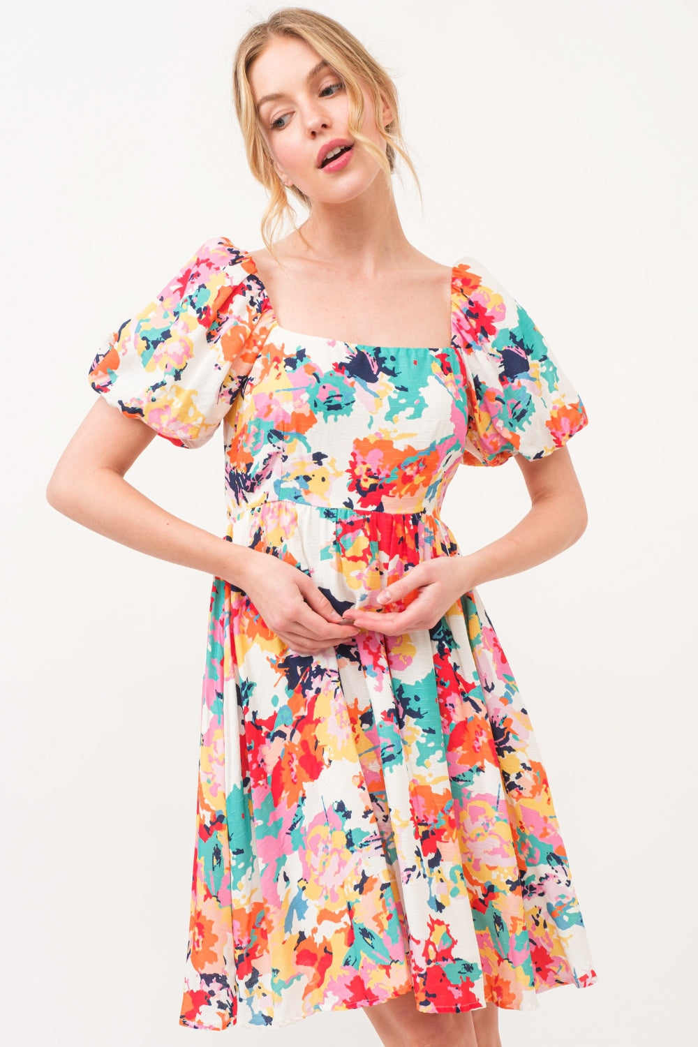 And The Why Square Neck Puff Sleeve Floral Dress 6015 | Gulf Resellers 