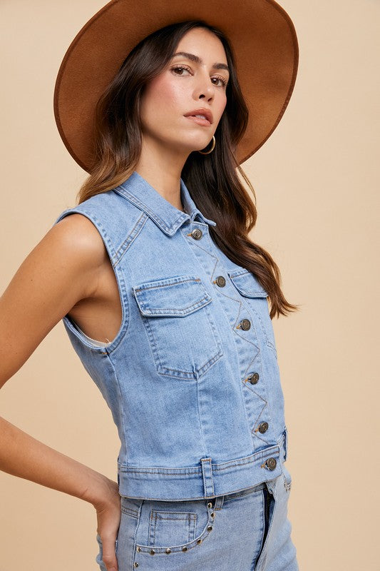 Annie Wear Collared Neck Button Down Denim Vest 21066 | Gulf Resellers 