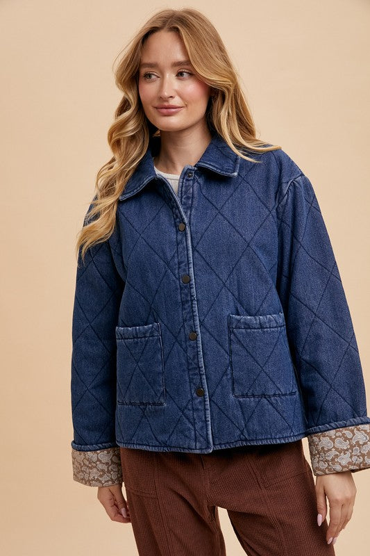 Annie Wear Quilted Printed Lining Snap Down Denim Jacket 21788 | Gulf Resellers 