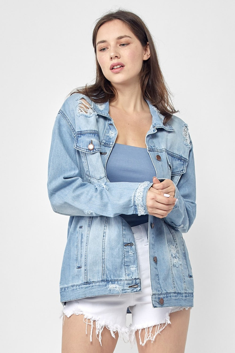 RISEN Full Size Distressed Long Sleeve Denim Jacket