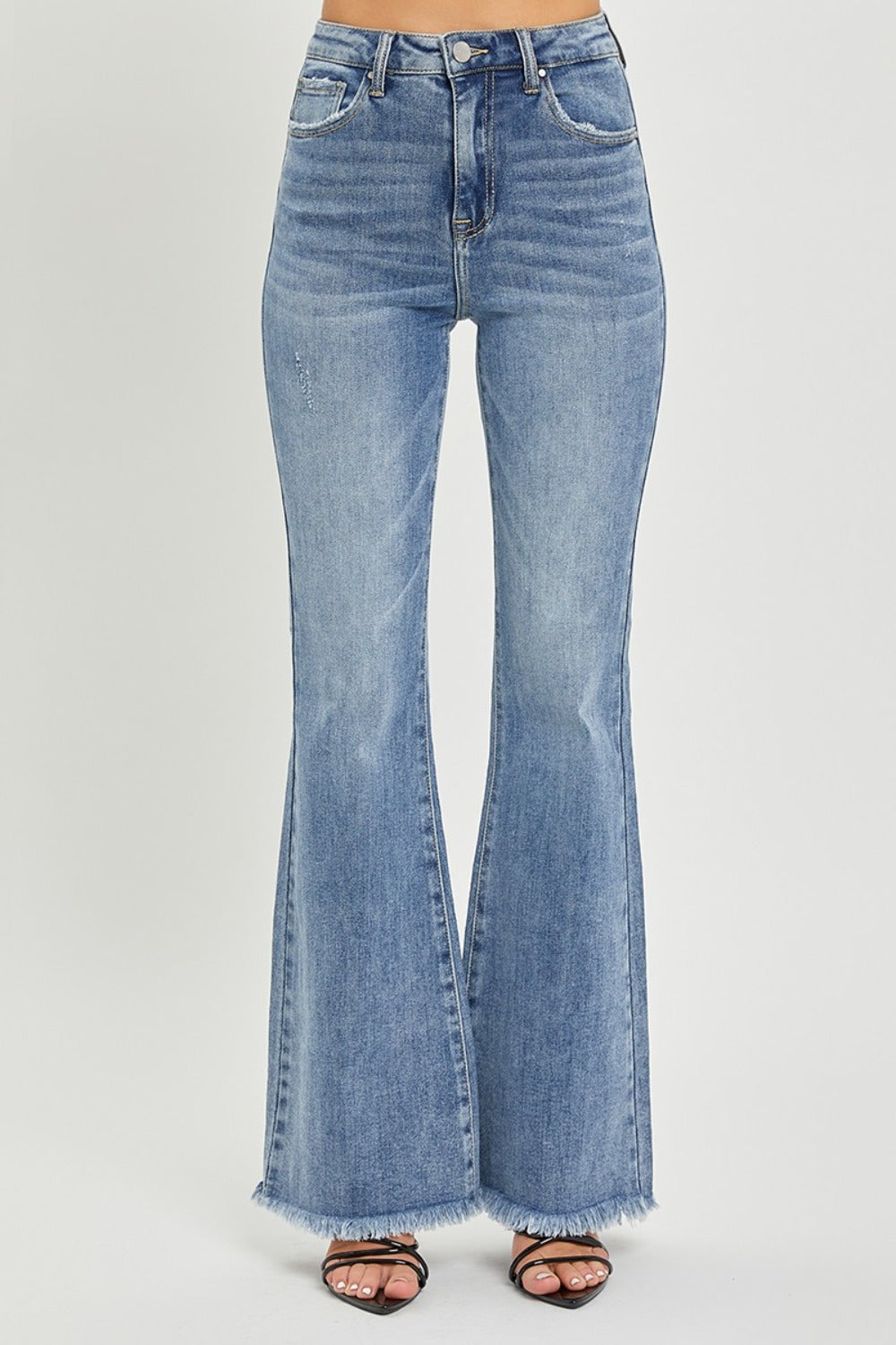 RISEN Full Size High Waist Raw Hem Flare Jeans 10870 | Gulf Resellers 