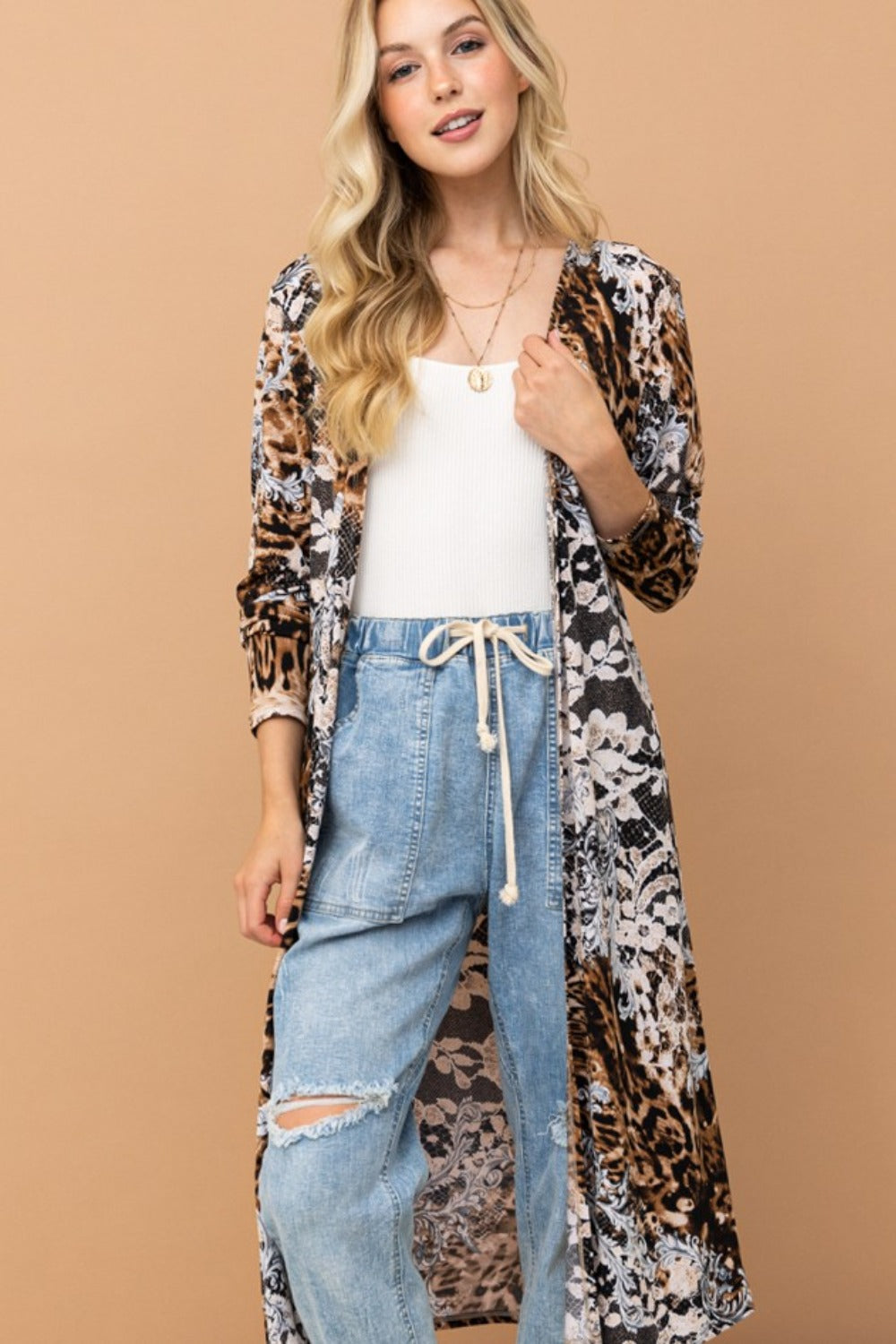 And The Why Leopard Kimono Open Front Longline Cardigan | Gulf Resellers