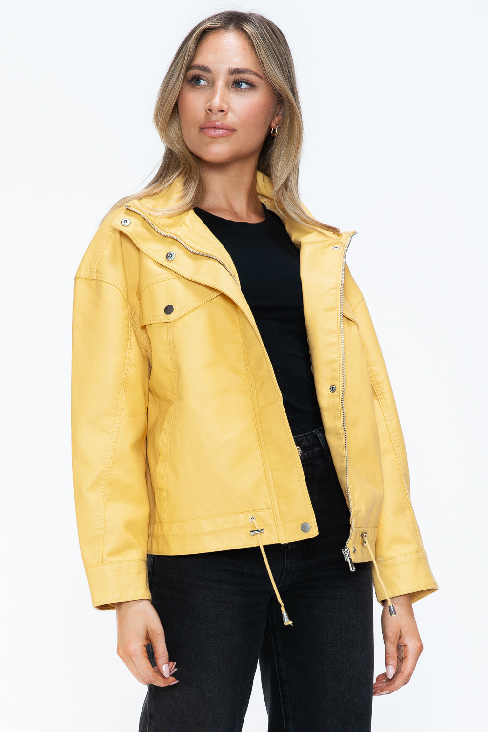 How Dare U Drawstring Hem PU Leather Zip Up Jacket 15674 | Gulf Resellers 