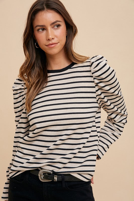 Annie Wear Striped Round Neck Puff Sleeve French Terry Top 18360 | Gulf Resellers 