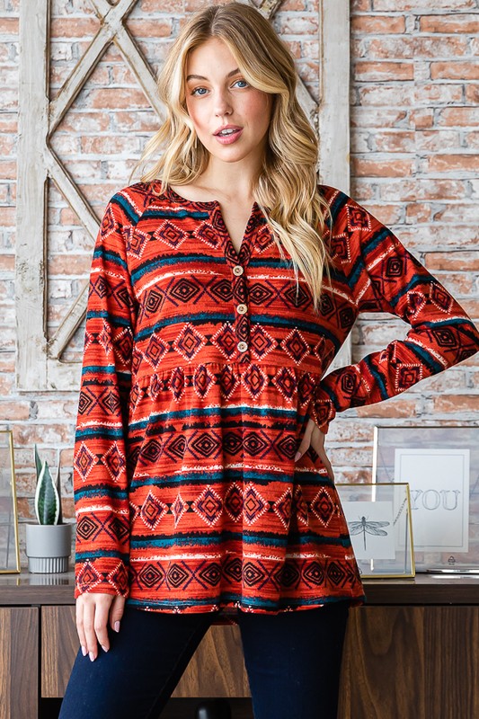 Heimish Full Size Geometric Button Detail Long Sleeve Babydoll Top 18827 | Gulf Resellers 