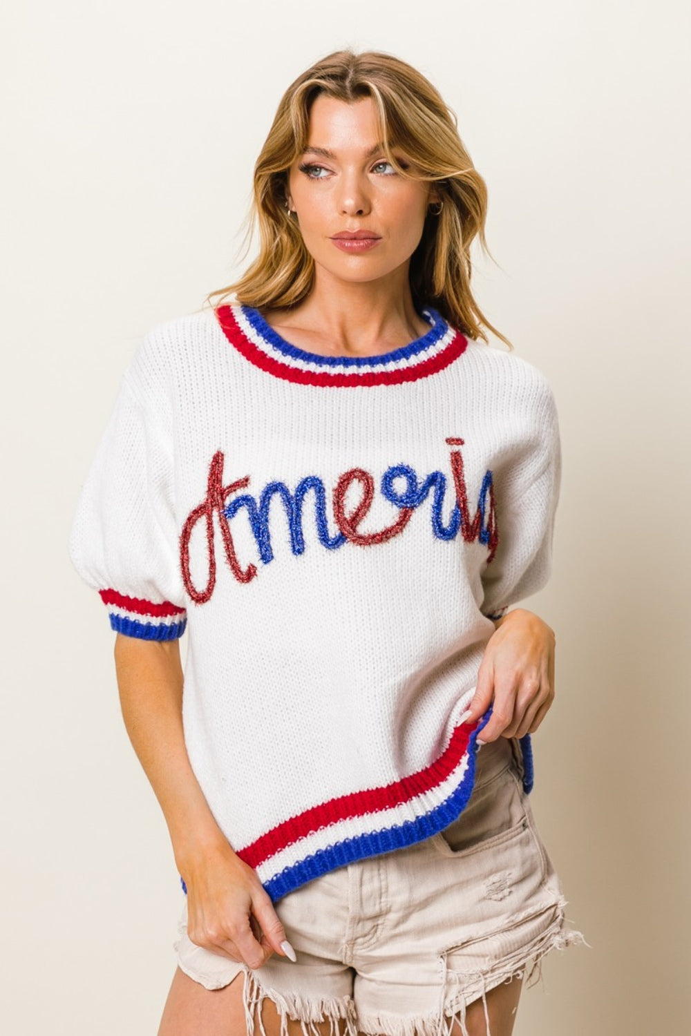 BiBi Metallic America Letter Short Sleeve Sweater 8870 | Gulf Resellers 