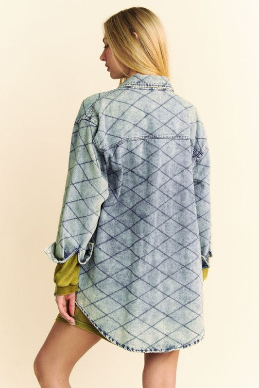 Davi & Dani Curved Hem Diamond Quilted Button Up Denim Shacket 20069 | Gulf Resellers 